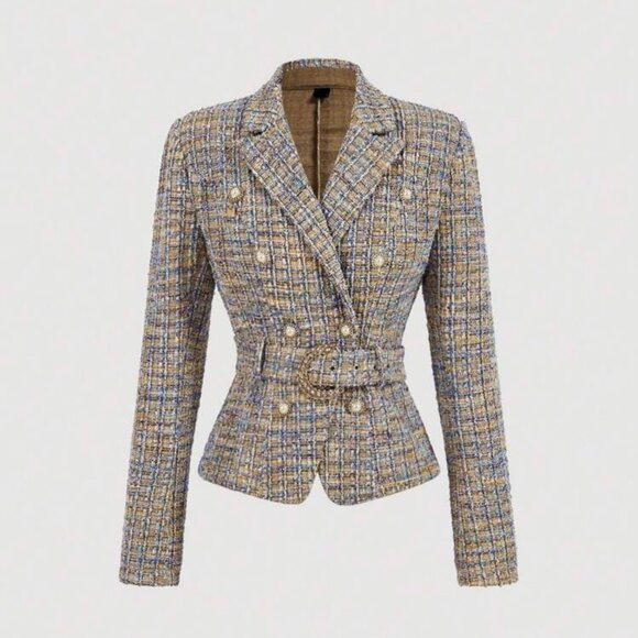 Boutique Jackets & Blazers - Timeless Tweed Elegance: Women's Flat Lapel Double-Breasted Blazer ✨